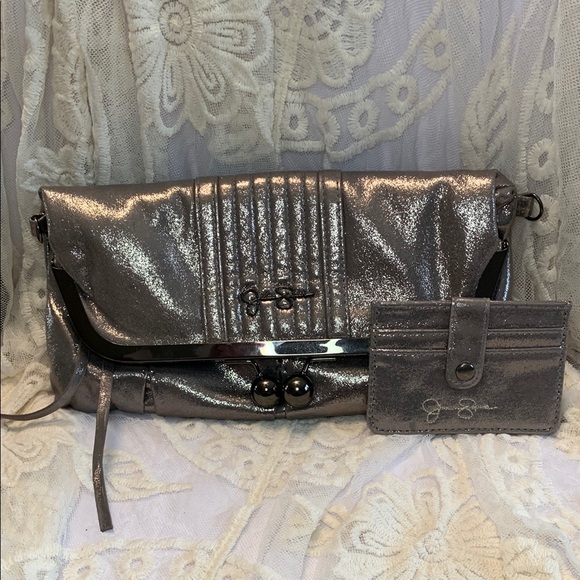 Jessica Simpson Metallic Silver Clutch/Crossbody & Cardholder Set - Picture 1 of 11